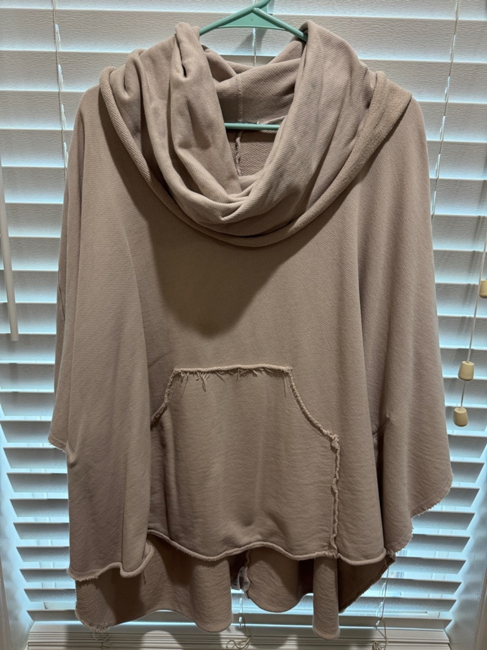 Cowl-Neck Taupe Poncho Sweater with Kangaroo Pocket